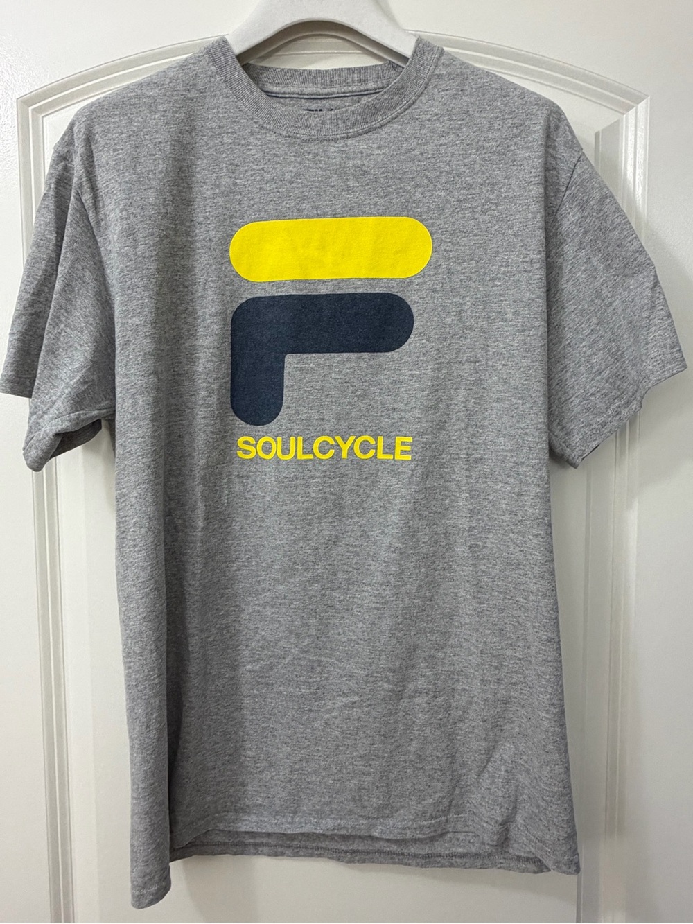 Fila X SoulCycle Gray Short-Sleeve Logo Tee with Yellow and Navy Print